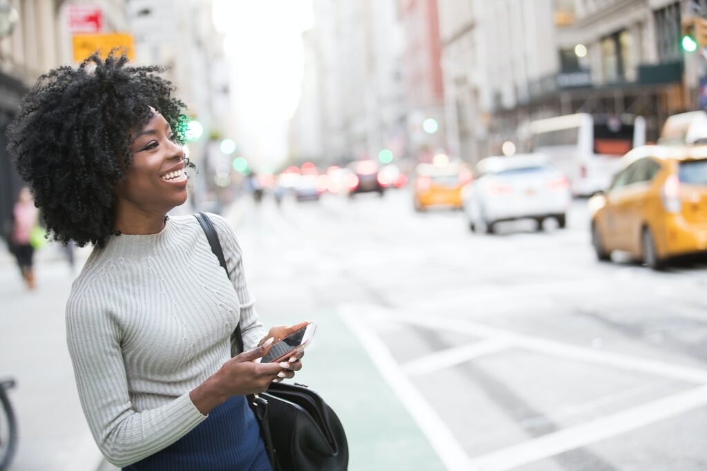 African American woman with black curly hair