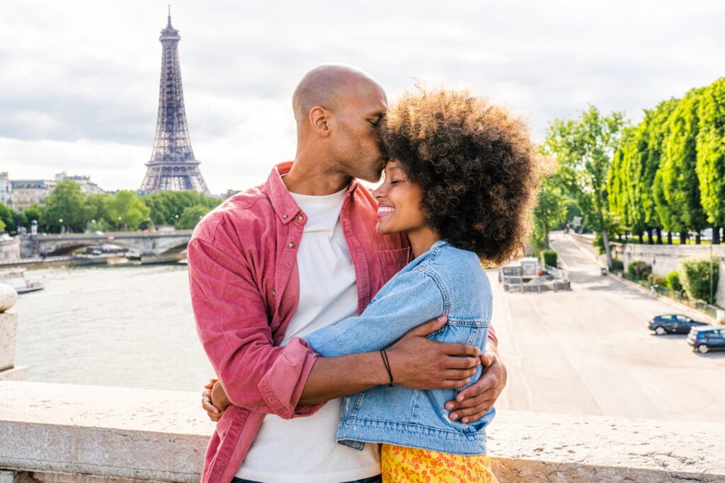 Afro-american beautiful couple in love visiting Paris