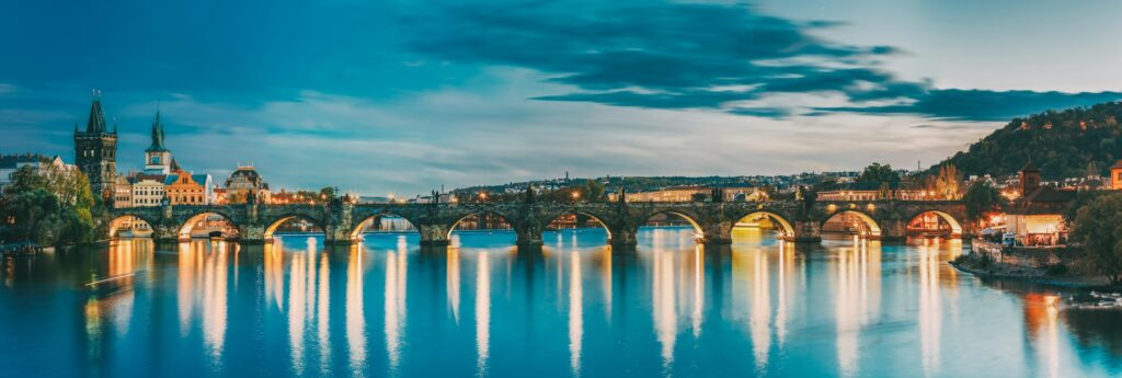 Prague, Czech Republic. Evening Panoramic View Of Evening Citysc